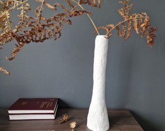 Tall thin white paper mache vase | Organic papier mache| Wabi sabi vessel | Entry table decor | Sustainable handcrafted decor