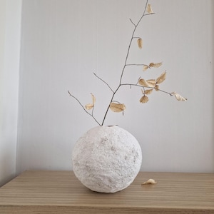 Spherical paper mache vase |  Organic Papier mache pot | Wabi sabi vessel |  Dried flower vase | Rustic white vase | Modern farmhouse decor