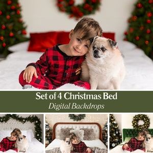 May include: A young child in red and black plaid pajamas sits on a white bed with a small dog. The scene is set with Christmas trees and a wreath. The text reads "Set of 4 Christmas Bed Digital Backdrops."