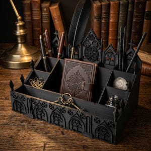May include: A black desk organizer with a gothic architectural design. It holds pens, pencils, a leather-bound journal, keys, and a feather quill. The organizer is made of wood and sits on a wooden surface.