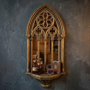 Gothic Mirror with Wall Shelf - Dark Academia Gothic Home Decor Antique gold
