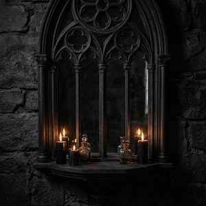 May include: A gothic-style black mirror with a decorative arched top and a shelf. Lit candles and small glass bottles are arranged on the shelf. The mirror is set against a dark, textured stone wall, creating a moody, atmospheric scene.