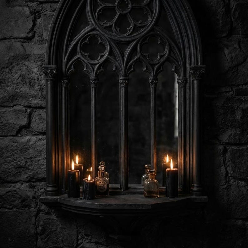 May include: A gothic-style black mirror with a decorative arched top and a shelf. Lit candles and small glass bottles are arranged on the shelf. The mirror is set against a dark, textured stone wall, creating a moody, atmospheric scene.