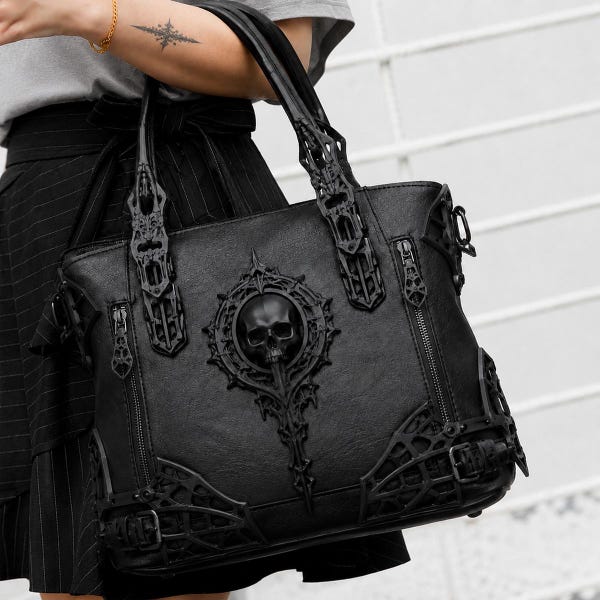 Gothic Handbag with Skull Emblem – Leather Alternative Purse Dark Fantasy Handbag