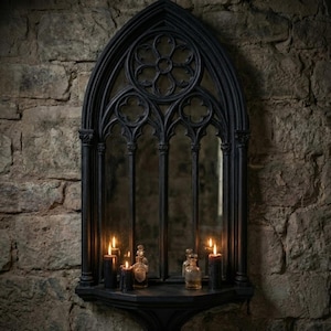 May include: Black gothic-style mirror with an arched top and decorative tracery. The mirror is mounted on a stone wall and has a shelf holding lit candles and small glass bottles. The overall aesthetic is dark and atmospheric.