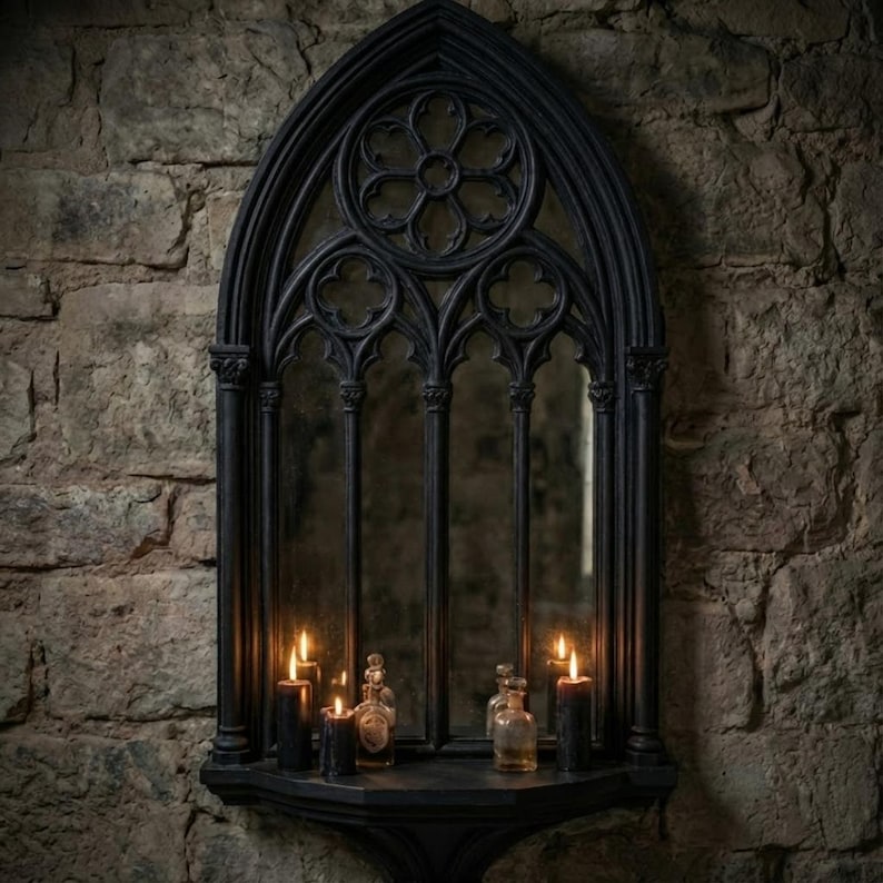 May include: Black gothic-style mirror with an arched top and decorative tracery. The mirror is mounted on a stone wall and has a shelf holding lit candles and small glass bottles. The overall aesthetic is dark and atmospheric.