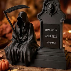 May include: A black figurine of a hooded grim reaper holding a scythe, positioned next to a black tombstone. The tombstone features a skull at the top and the engraved text: Here can be YOUR TEXT My friend. The object is matte black in color.