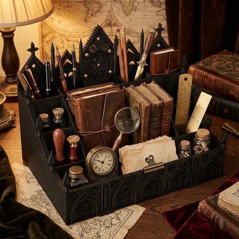 May include: A black desk organizer with multiple compartments, holding pens, pencils, notebooks, and small vintage items. The organizer has a gothic architectural design, with a clock, magnifying glass, and ruler. The overall aesthetic is vintage and antique.