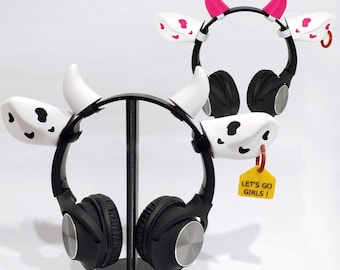 Koeienoren hoofdtelefoonbevestiging met gepersonaliseerde tag/headsetbevestiging/gamer, streamer cadeau rekwisieten/hoofdtelefoonaccessoire