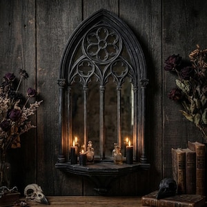 Scrying Gothic Wall Mirror with Shelf - Fantasy Mirror for Spooky Decor