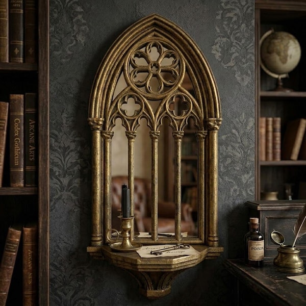 Espejo gótico de pared con estante para adivinación - Espejo de fantasía para una decoración tenebrosa