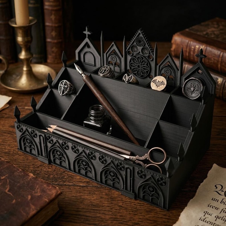 May include: A black desk organizer with a gothic cathedral design. It features multiple compartments for pens, pencils, rings, and other small items. A pen, ink bottle, and scissors are visible.