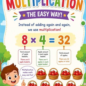 Könnte beinhalten: Ein Lernplakat mit dem Titel MULTIPLICATION THE EASY WAY! zeigt ein Cartoon-Kind, das auf die Gleichung 8 x 4 = 32 deutet. Acht braune Körbe mit roten Äpfeln sind abgebildet, begleitet von Textfeldern, die das mathematische Konzept erklären.