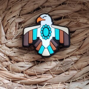 May include: A colorful shoe charm featuring a stylized eagle design. The eagle has a white head, an orange beak, and a turquoise and brown body. The charm is set against a woven background.