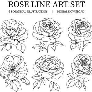 May include: A digital download featuring six black and white rose line art illustrations. The artwork includes detailed botanical drawings of various rose blooms and foliage. The text at the top reads "ROSE LINE ART SET".