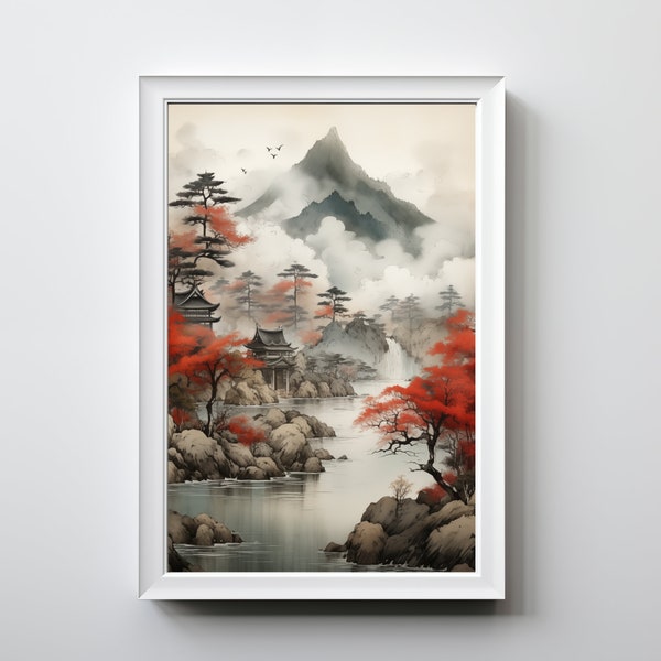 Minimalistische japanische Aquarell Landschaft Digital Art Print, ruhige Naturszene, ruhige asiatische Kunst, friedliche Blick auf die Berge, Wanddekor