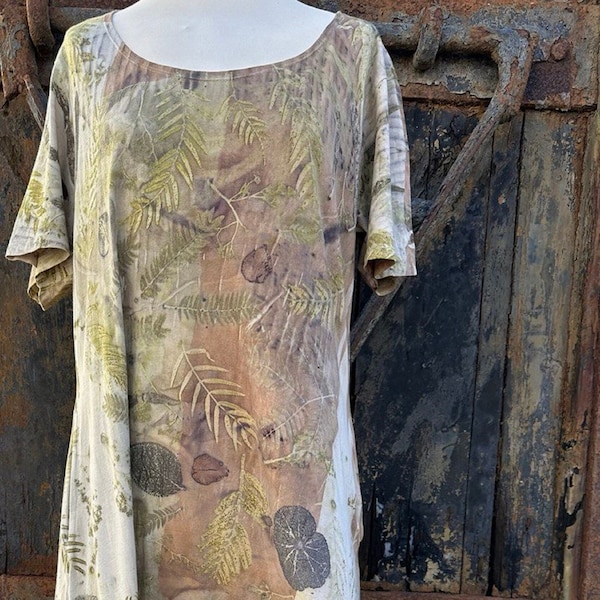 Organic cotton mid calf dress - Eco printed dress with sleeves and pockets- size L/XL- Botanically printed by hand