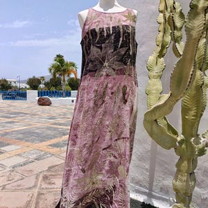 Organic linen long dress - Eco printed sleeveless dress with pockets- size L/XL- Botanically printed by hand - Dyed with Cochineal + Logwood