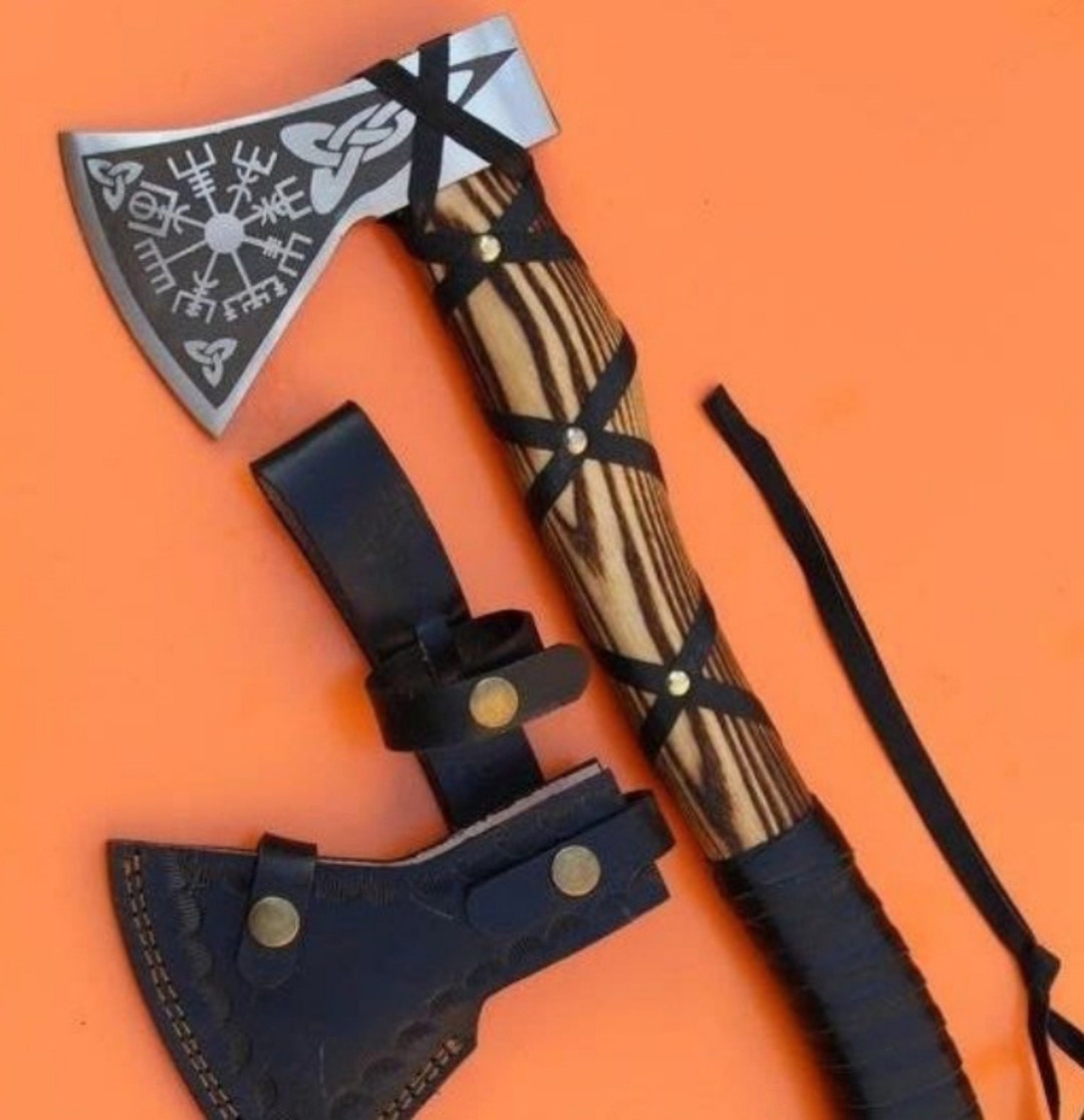 Handmade Damascus Steel Axe With Ash Wood Handle and Leather Sheath