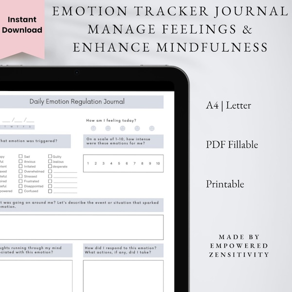 Emotion Tracker Journal - Manage Feelings & Enhance Mindfulness, downloadable, fillable PDF, printable,  SelfCare Journal