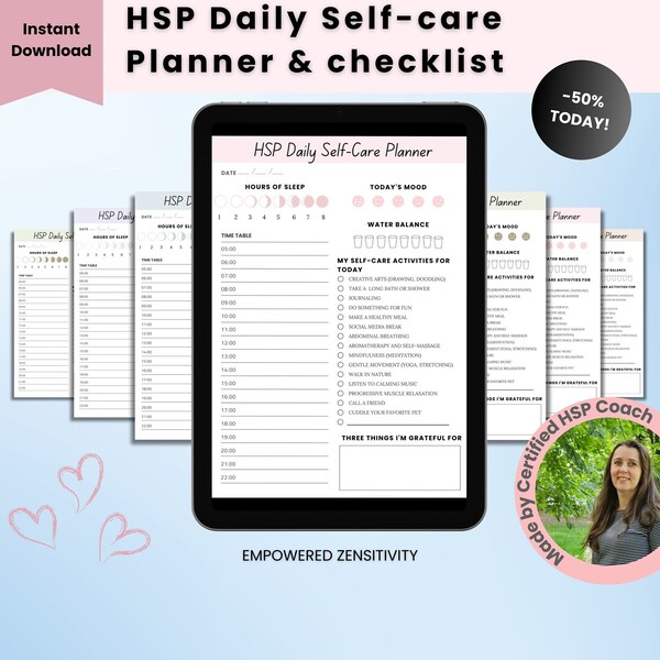 HSP Daily Self Care Planner for Highly Sensitive Women, Stress Release, Self-care Activities List and Poster, Weekly planner