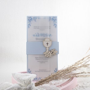 Blue Band First Communion Invitation, Baby Blue Sash, Boy Holy Communion, Chalice and grapes Invites, Custom with name invitations,