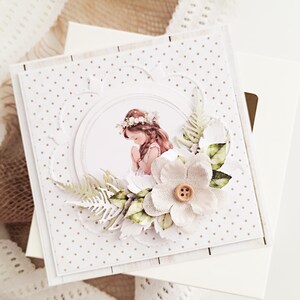 White First Holy Communion Card in Gift Box, Personalized Handmade Keepsake for Girl | 1st Communion Gift from Godmother, Grandma, Auntie