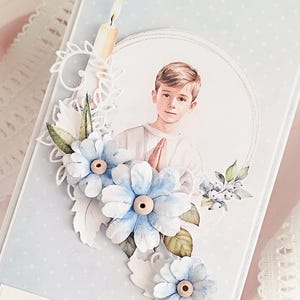 Carte de 1ère communion pour garçon. Carte de voeux bleue unique pour petit-fils, cadeau personnalisé pour filleul, neveu, fils, souvenir fait main avec nom de l'enfant