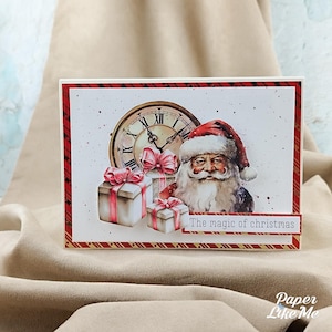 Set van 2 kerstkaarten, 3D klassieke rode wensen, feestdagengroeten in envelop, handgemaakte kaart met kerstman, vintage klok en cadeautjes