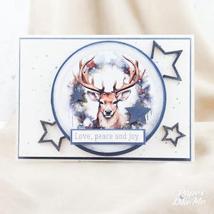 Jeu de cartes de voeux de saison, voeux 3D de Noël d'hiver, carte avec cerf, esprit de Noël, Noël classique en bleu, étoile de Noël