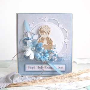 Greeting wooden card for Communion, Custom gift for boy, Confirmation card with name, wood greeting card in blue