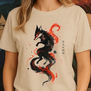 Japanese Fox T-Shirt, Mythical Fire Fox Shirt, Anime Inspired Art Tee, Aesthetic Streetwear, Anime Art Clothing, Kitsune Spirit Graphic Tee