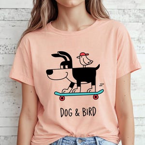 Dog And Bird Skaboard T-Shirt, Cute Cartoon Dog Tee, Funny Animal Shirt, Minimalist Pet Lover Gift, Kids And Adults Graphic Tee, Dog & Bird