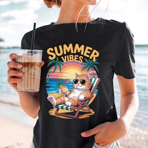 Summer Vibes Cat Shirt, Cute Beach Vacation Tee, Funny Tropical Sunset Cat Lover T-Shirt, Relaxing Summer Cat Graphic Tee, Summer Cat Shirt