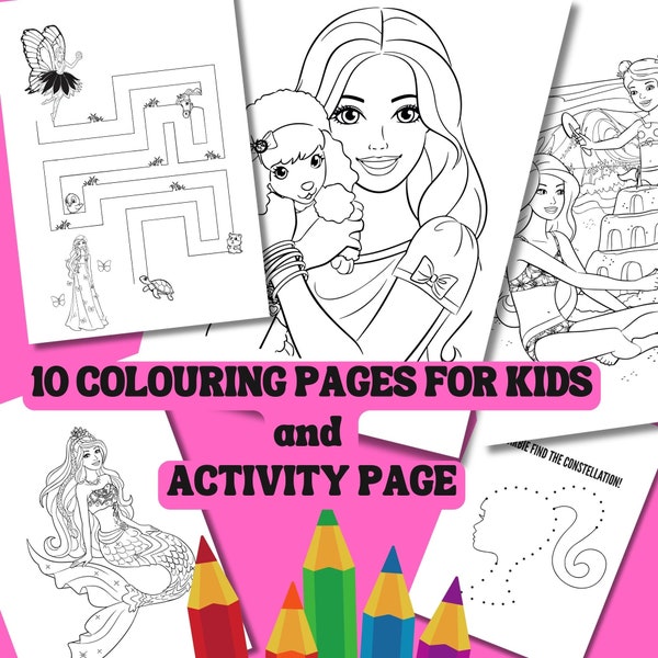 Barbi Printable Colouring Sheets, instant download,printable kids colouring pages, Barbi activity pages, 5colouring pages for girl kids