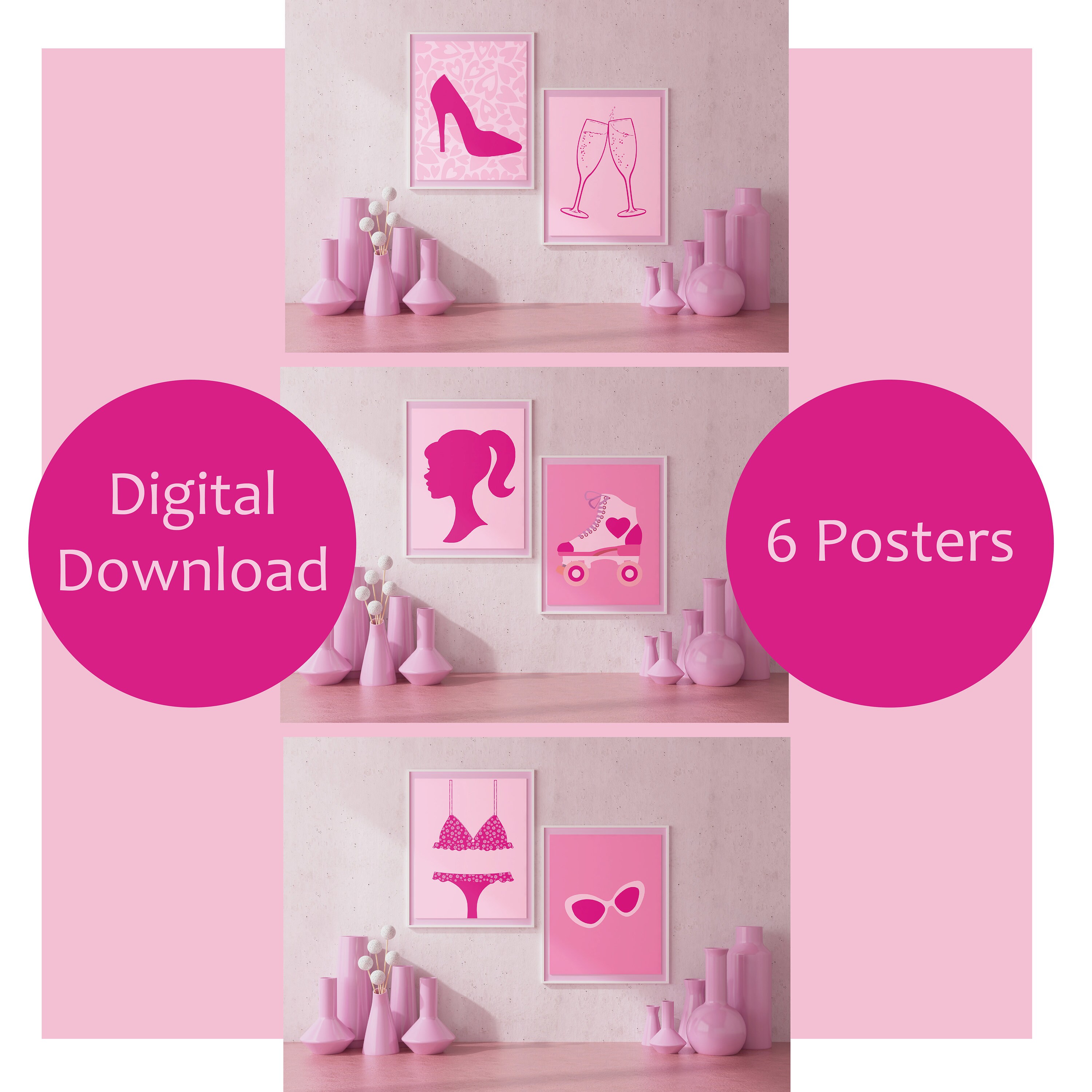 Set of Barbie Wall Art Set, Pink Wall Art, Barbie Printable Art, Pink Barbie Girl, Set of 6 ...