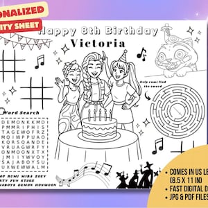 Personalized K-Pop Demon Hunter Birthday Activity Sheet • Huntrix Girls Printable Party Game for Kids , Coloring Page , Custom Name Age PDF