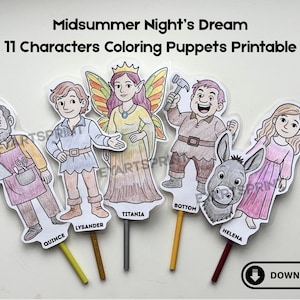 Midsummer Night&#39;s Dream Paper Puppets: Shakespeare Coloring Craft (PDF Download