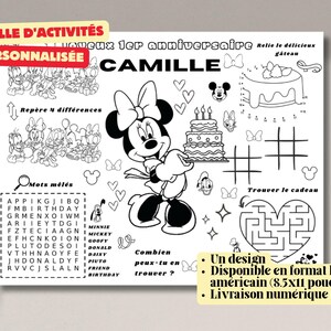Feuille d'activités d'anniversaire ミッキーマウス クラブハウス - Tapis de jeux d'anniversaire à imprimer - Activités pour fête d'enfants-Minnie