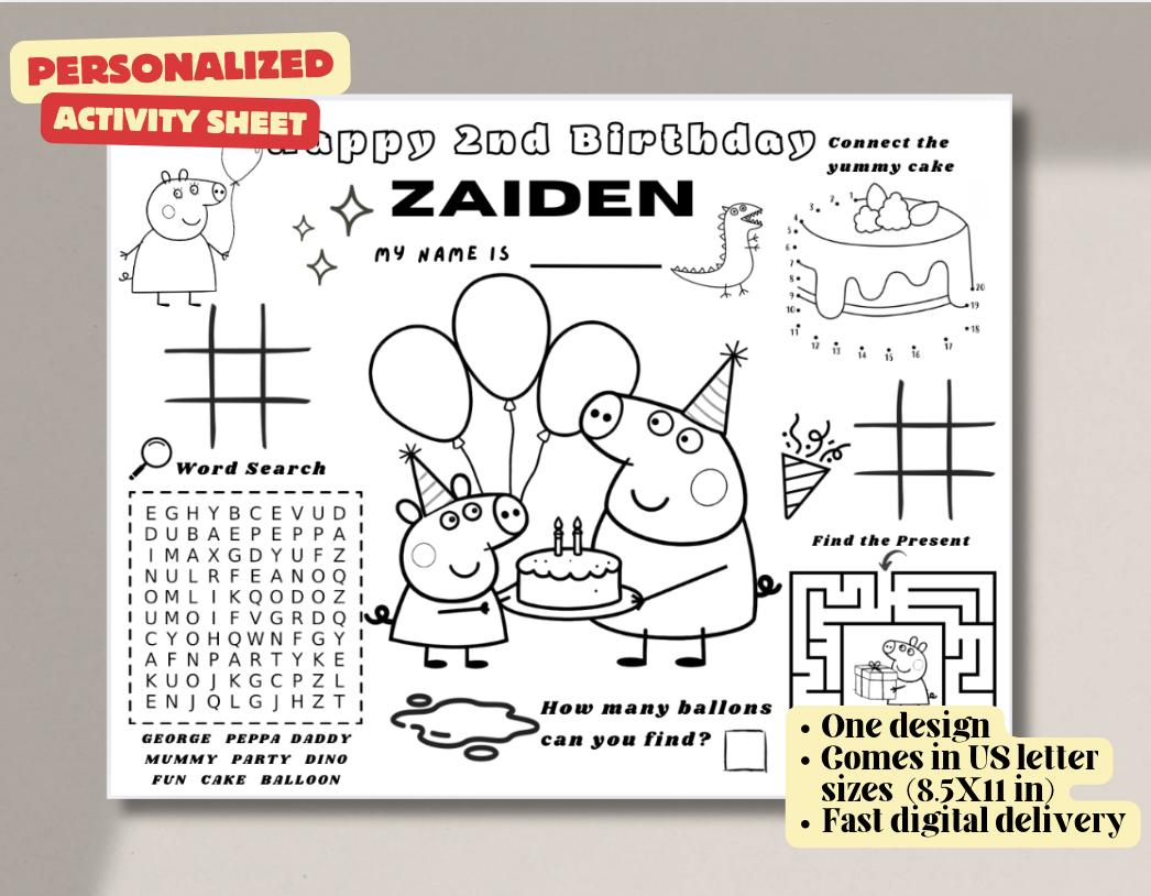 Peppa Pig George Birthday Activity Sheet Printable – Fun Party Games for Toddlers – Maze, Word Search, Coloring – Personalized Placemat