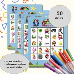 Super Mario Bingo-Spiel zum Ausdrucken - Mario-Party-Spiel für Kindergeburtstag, Sofort-Download, 20 Spieler, enthält Visitenkarten und Marker