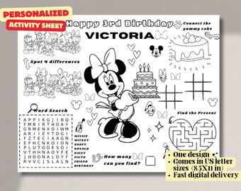 Minnie Birthday Activity Sheet - Printable Birthday Games Placemat - Kids Party Activities Coloring Sheet | Mickey clubhouse