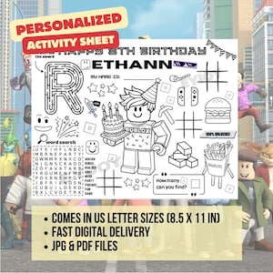 Roblox Birthday Activity Sheet | Personalized Birthday Printable Game | Roblox Party Coloring Page | STEM | Digital Download PDF JPG