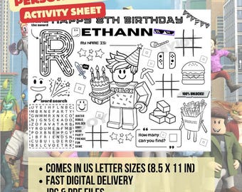Roblox Birthday Activity Sheet | Personalized Birthday Printable Game | Roblox Party Coloring Page | STEM | Digital Download PDF JPG