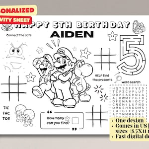 Personalized Super Mario Birthday Activity Sheet Printable – Instant download | Fun Party Game for Kids, Maze, Word Search, Coloring Page