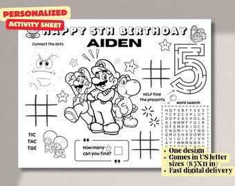Personalized Super Mario Birthday Activity Sheet Printable – Instant download | Fun Party Game for Kids, Maze, Word Search, Coloring Page