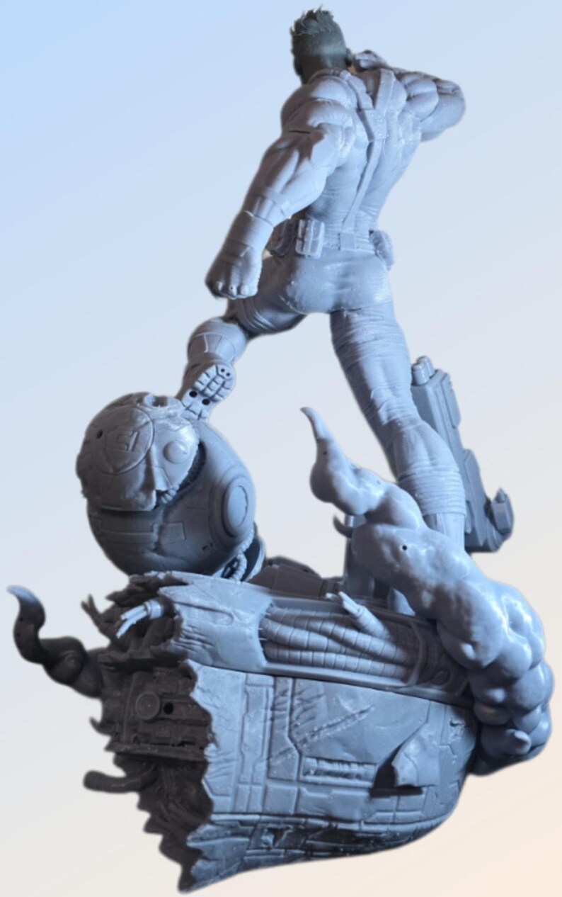 May include: A gray figurine depicting a muscular figure stepping onto a futuristic, mechanical structure. The figure is detailed with realistic textures and is posed in a dynamic action stance. The base features intricate mechanical components.