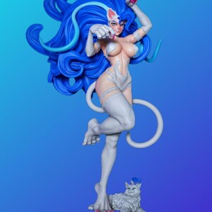 May include: A detailed figurine of a woman with blue hair and a cat-themed design. She is wearing a white outfit and has a cat tail. A gray cat with a blue rose sits at her feet. The background is a gradient of blue.
