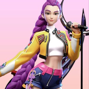 May include: A figurine of a woman with purple hair wearing a yellow jacket with the word "DUMI" on it, a white top, and blue shorts. She is holding a microphone and has a decorative element behind her.