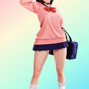 May include: A figurine of a young person in a pink long-sleeved shirt, navy blue pleated skirt, and white socks. The figure has dark hair, a red bow, and a black choker. A blue satchel hangs from the figure's shoulder.